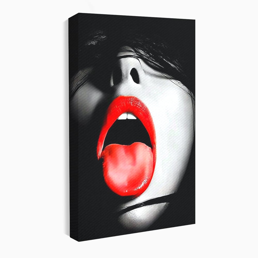 Tablou canvas cu tablou canvas cu buze si limba rosie, fara rama, pe sasiu de lemn